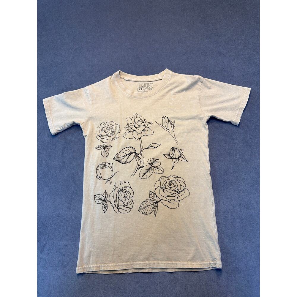 Happy Colors Women’s T-Shirt Large Graphic 
Rose Flower Theme Tan Size X-Small